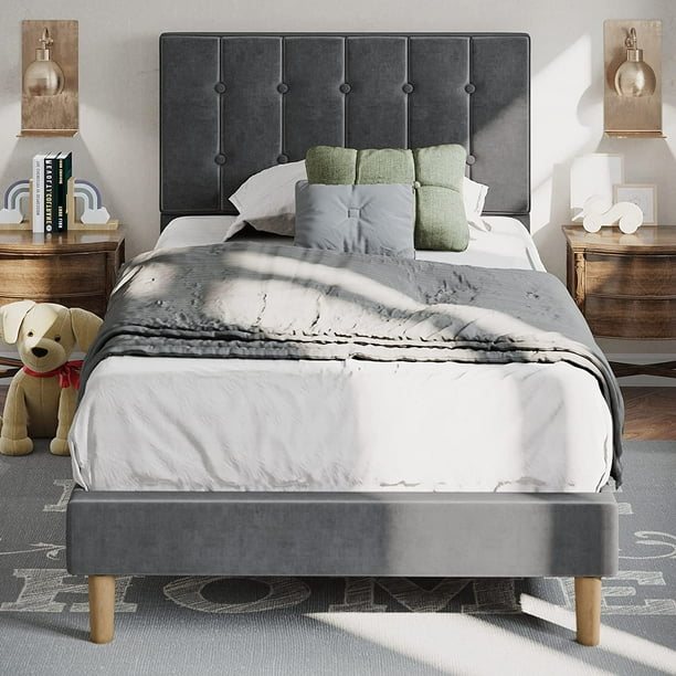 LIKIMIO Upholstered Twin Bed Frame with Headboard, No Box Spring Needed/NoiseFree, Grey