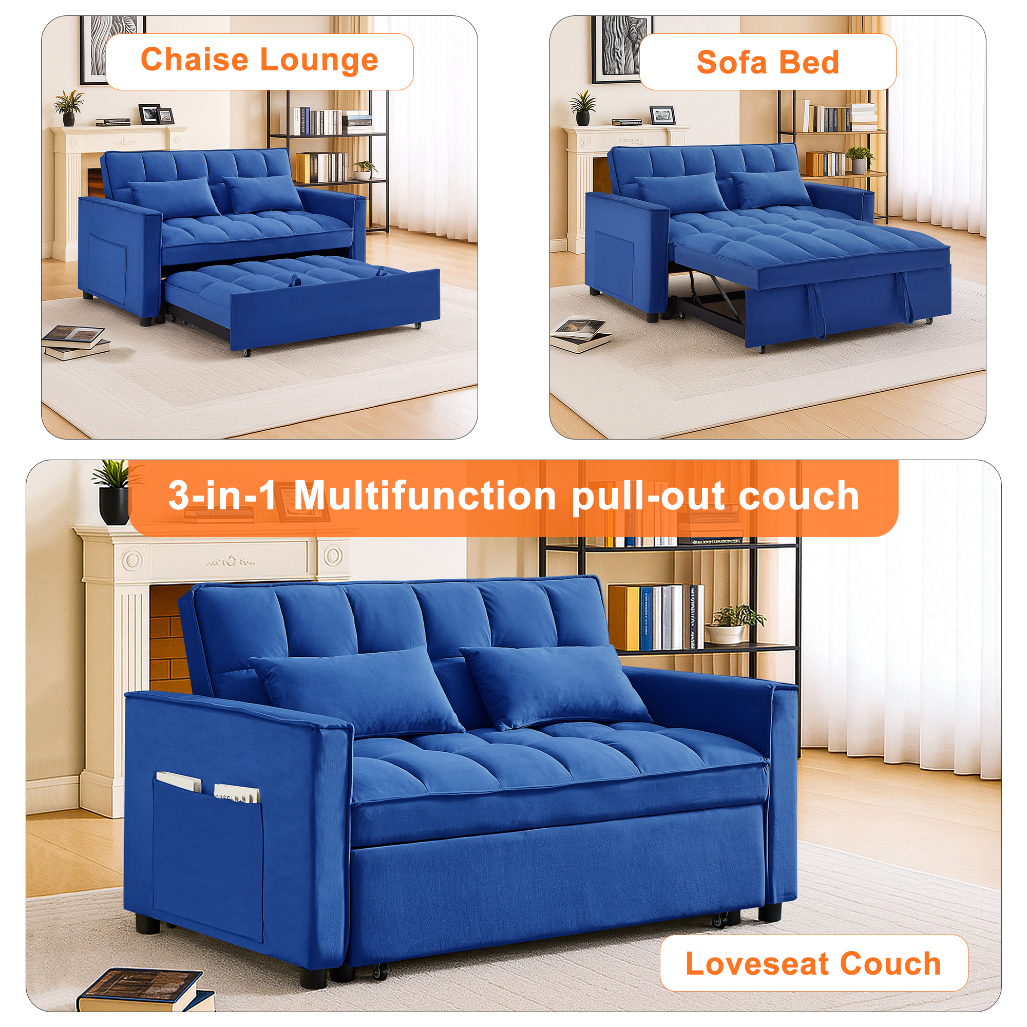 Kadyn Futon Sofa Bed, 54" Adjustable Backrest Convertible Futon Sofa for Living Room, Futon Sleeper Sofa with Side Pouch, Blue