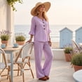 thumbnail image 6 of Women's 2 Piece Linen Matching Set V Neck Ruffle 3/4 Sleeve Button Down Gingham Plaid Top Wide Leg Pants Casual Outfit, L, 6 of 7