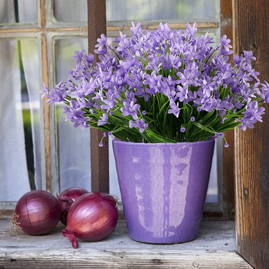 Sinhoon 10 Bundles Artificial Daffodils Flowers Faux Plastic Lotus Shrubs UV Resistant No Fade Faux Greenery For Bridal Bouquet Home Garden Hanging Planter Porch Patio Wedding Decoration(Purple)