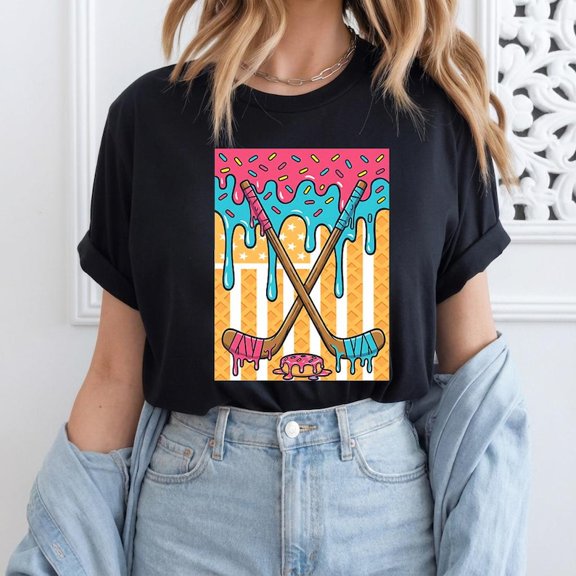 Ice Cream Drip Hockey Sticks Graphic Shirt Color Melt Ice Hockey Sweet Style Sports Artwork Comfort Colors Unisex Cotton T-Shirt, Sizes S-3XL