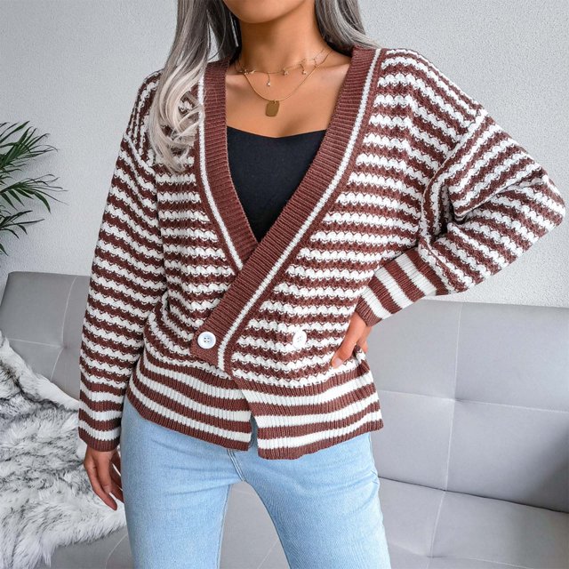 EGNMCR Cardigans pour Femmes, Chandails pour Femmes Femmes Mode Décontractée Ample Chandail à Rayures à Empiècements Col en V Chandail Tricoté Femmes Chandail