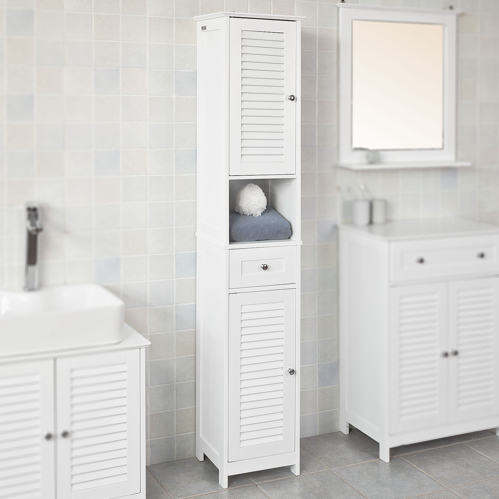 Haotian White Floor Standing Tall Bathroom Storage Cabinet ...