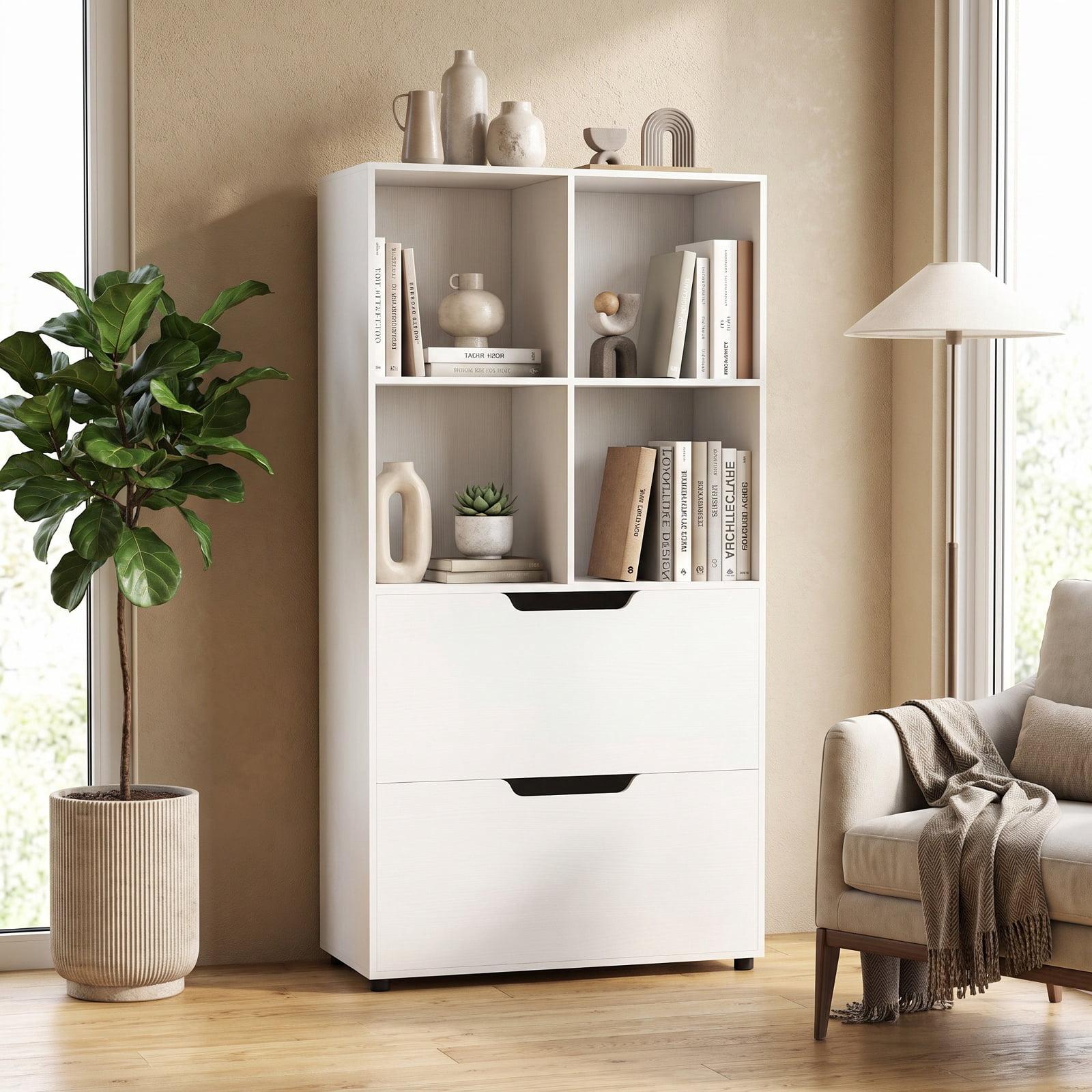 Furnibear 4-Cube Bookcase with 2 Drawers 51 inch 5-Tier Tall Freestanding Bookshelf for Living Room Home Office Bedroom Display Storage Shelf, White