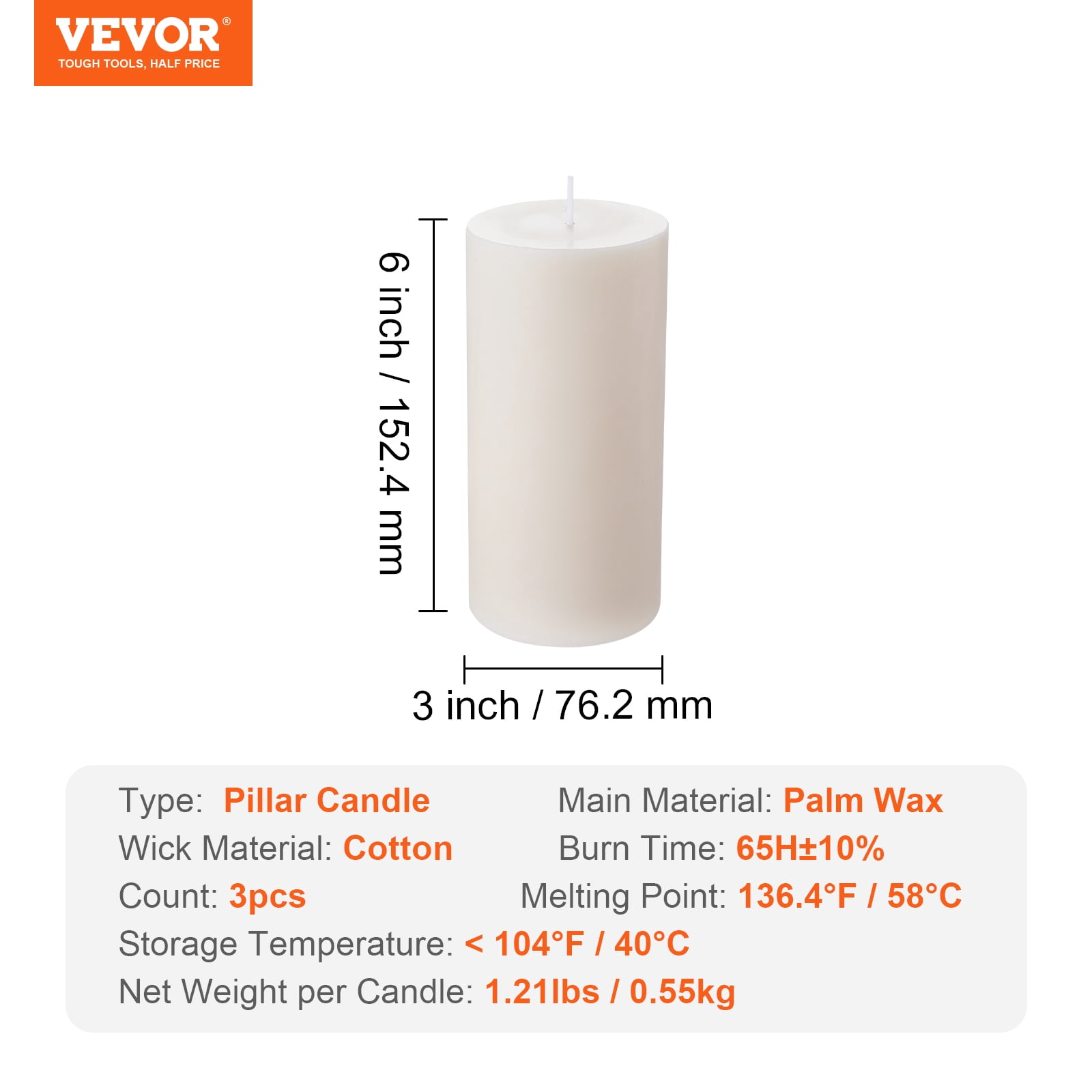 VEVOR 3 Pack White Unscented Pillar Candles, 65 Hours Long Burning Pillar Candle, 3 x 6 Inch Smokeless Unscented Candles, Natural Palm Wax Candles for Home, Weddings, Christmas, White
