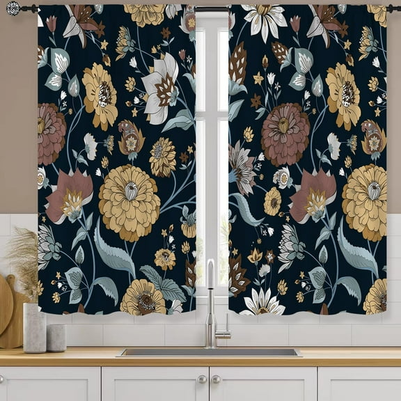 Retro Boho Black Floral Kitchen Curtains Rod Pocket Vintage Flower Aesthetic Bohemian Tropical Small Short Cafe Tier Abstract Curtains Window Treatment Drapes Decor(27.5W X 39L Inch 2 Panels)