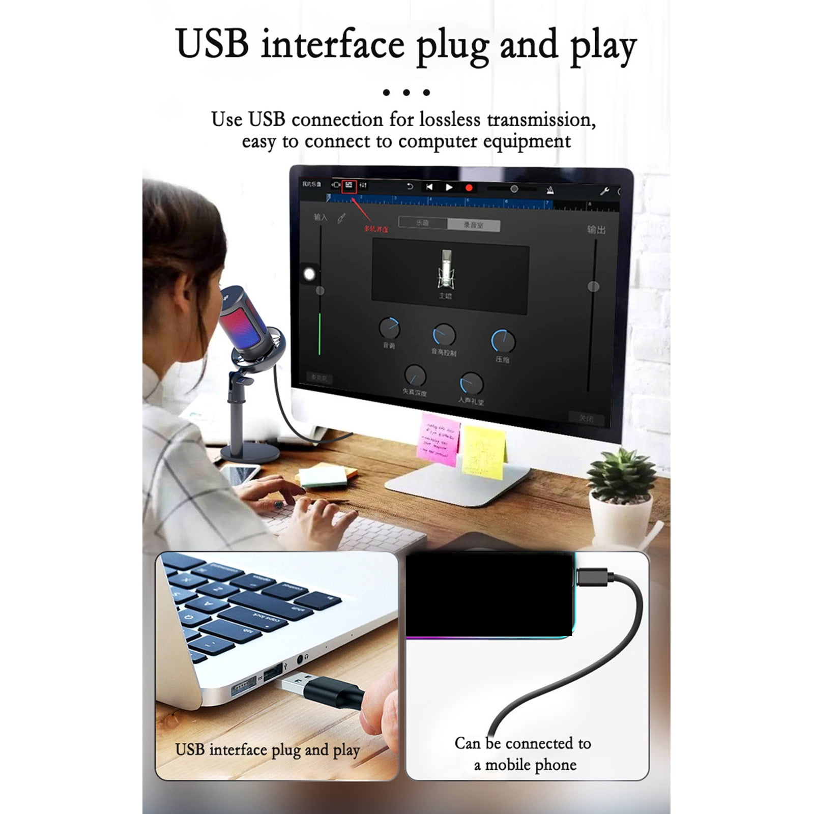 Color USB Microphone for Gaming PC Streaming Podcasting Mute Button Condenser Mic Noise Reduces