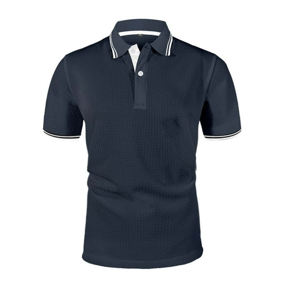 Caqnni Mens Knit Polo Shirts Short Sleeve Casual lightWeight Polo Big Aan Tall Shirt Casual Summer Stretchy Polo Shirts Collared SportsBusiness Work Tops(A-Navy,L)