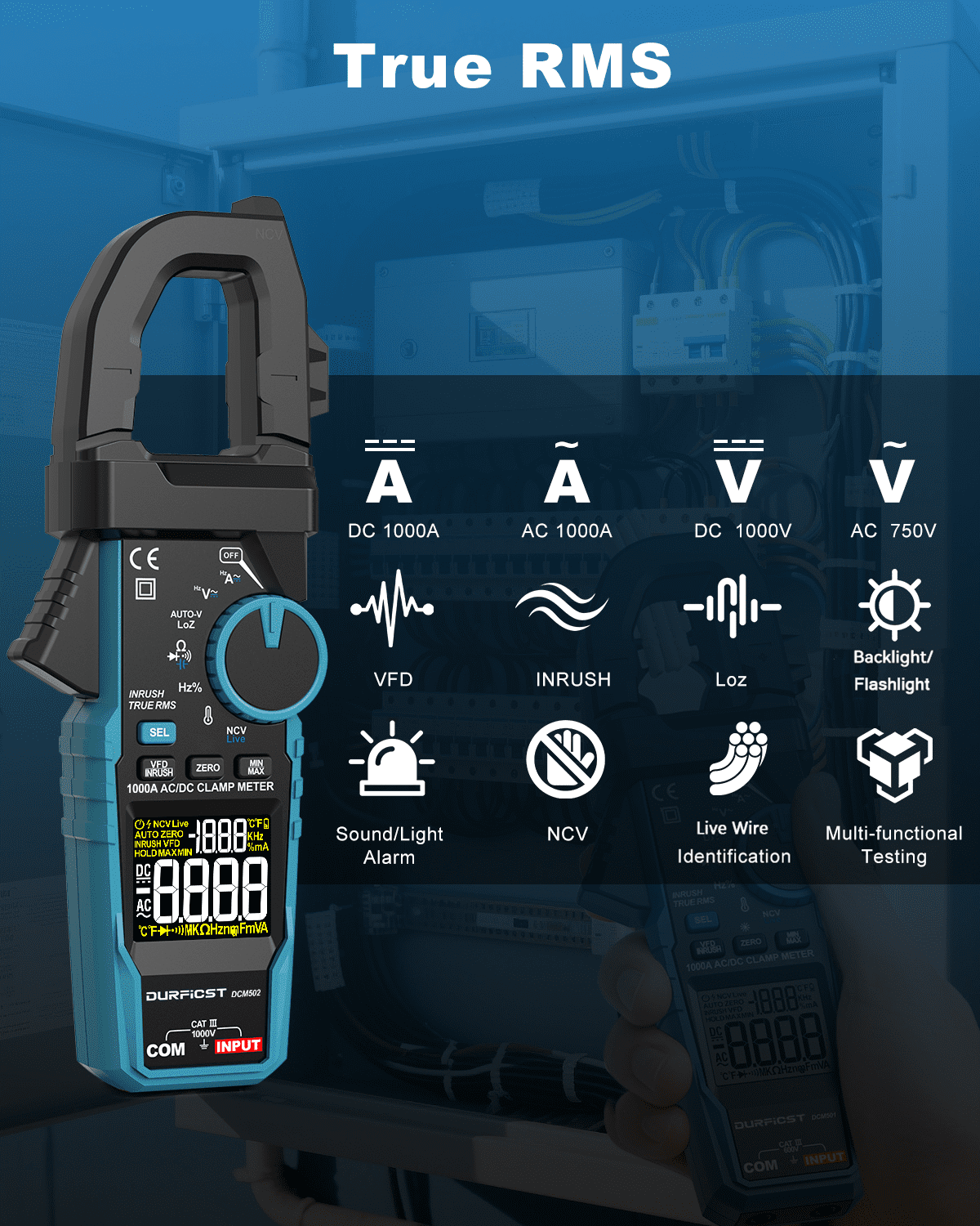 Clamp Meter DURFICST Digital Inrush Clamp Multimeter AC/DC 1000A 6000 Counts Amp Voltage Tester with VFD, LOZ Mode,Measures AC/DC Current Voltage NCV Temperature Resistance Capacitance Frequency