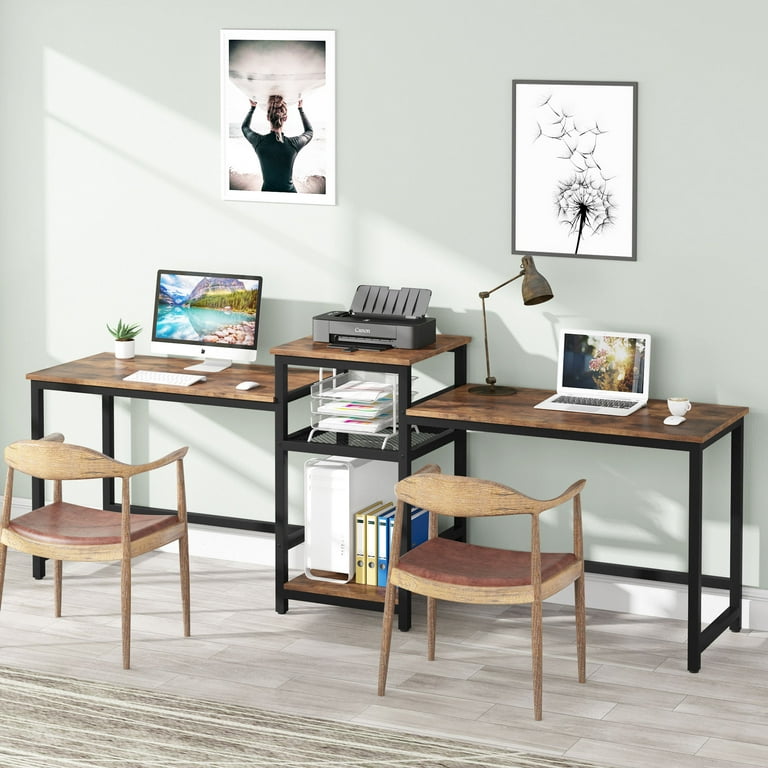 Tribesigns 96.9 inch double computer desk with printer shelf cheap extra long two person desk workstation with storage shelves