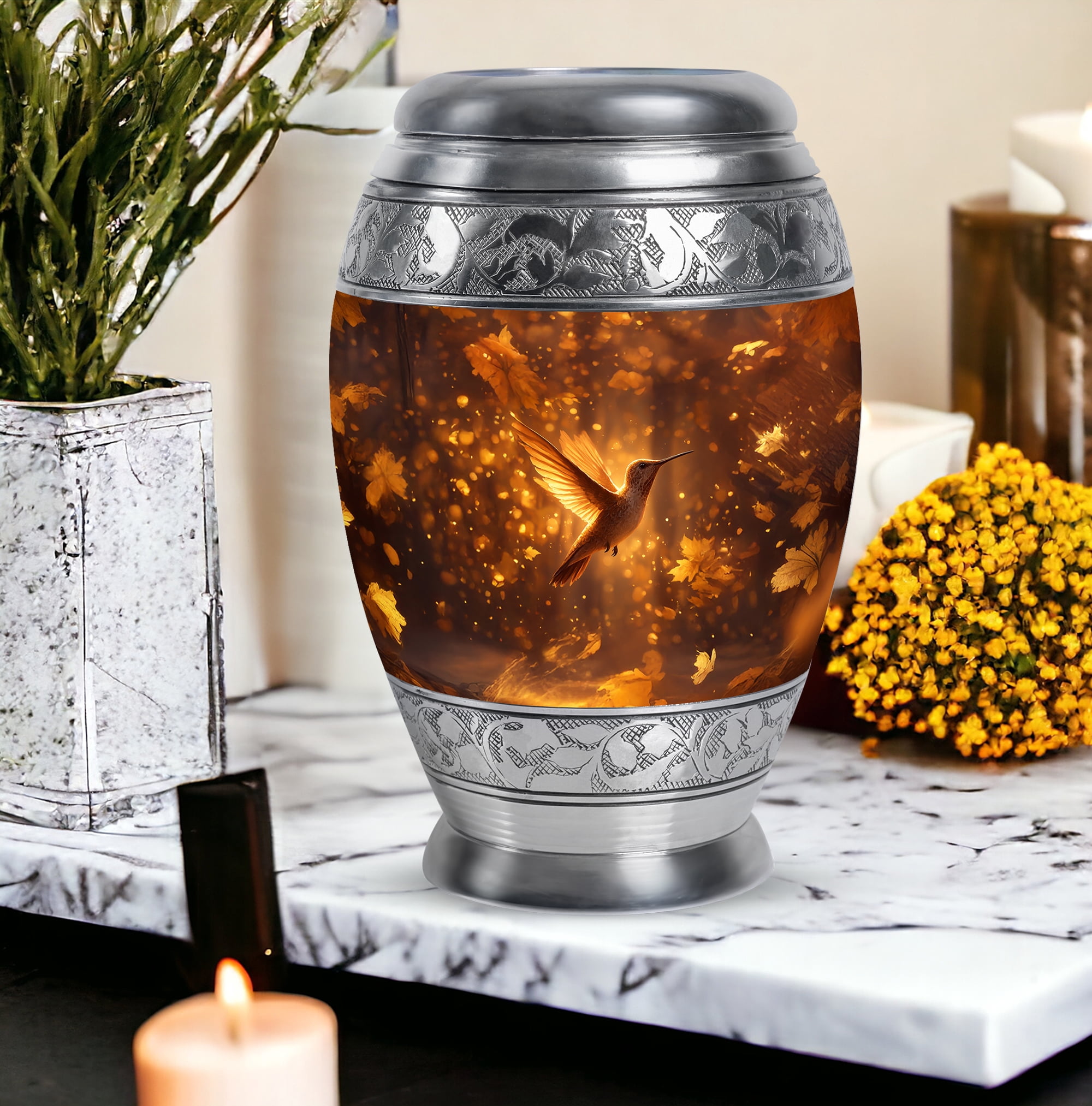 Humming Bird Large Decorative Urns For Human Ashes Adult Woman, Burial Urn For Uncle And Aunty, Funeral Urn For Grandmother, Brown Cremation Urns For Human Ashes, 10 Inch