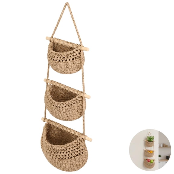 3-Tier Woven Jute Macrame Wall Basket, Handmade Boho Bohemian Rustic Charm Decorative Style for Fruits, Vegetables, Plants, Kitchen & Home Decor