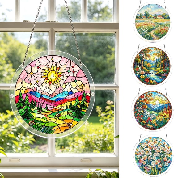 Beautynvta Acrylic Puzzle Suncatcher Window Hanging, 83 Pieces Sun Catcher Acrylic Puzzles, DIY Suncatchers Puzzles, Home & Garden Decor, 7.4'', (Sunset Mountain)