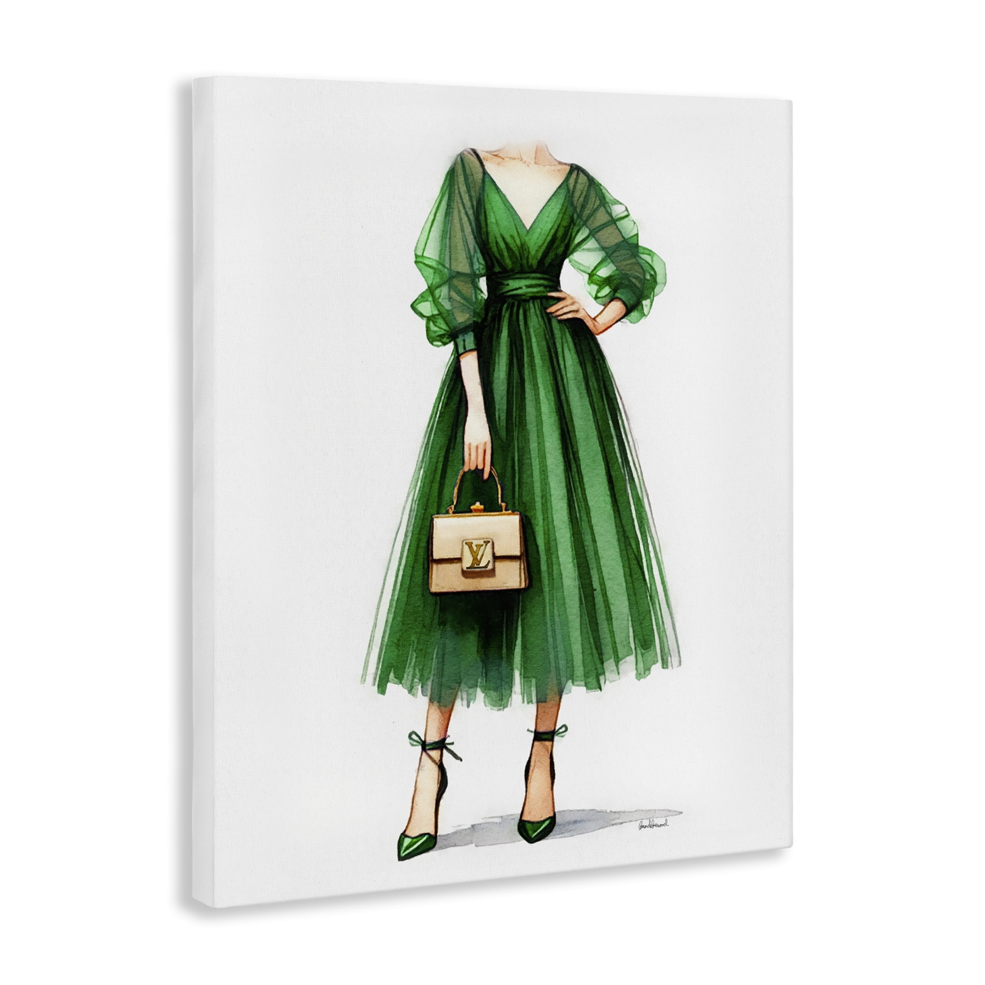 Stupell Industries Green Gown Fashion Girl Fashion Painting Wrapped Canvas Art Print Wall Art, 16 x 20