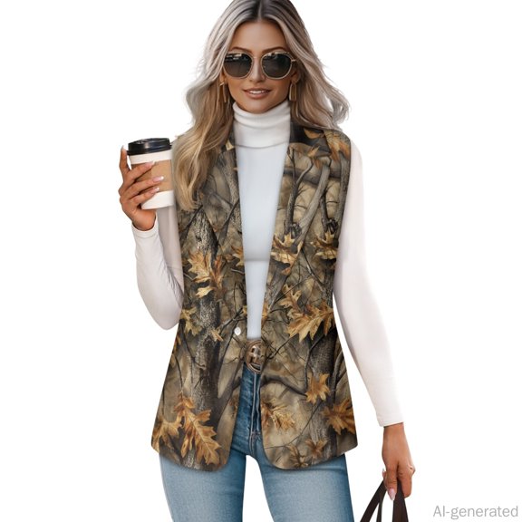 Chririnla Lightweight Women's Vest for Work Fall Winter, Midweight Wrinkle Resistant Women's Sleeveless Waistcoat Vest, Autumn Camouflage Pattern