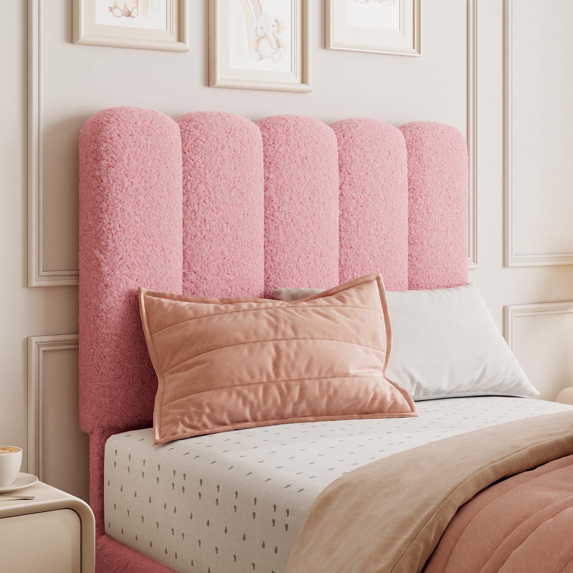 Towallmark 2025 New Twin Bed Frame with Under-Bed Drawer, Low Profile Upholstered Platform Bed with Wave Headboard, Wooden Slats Support, Pink