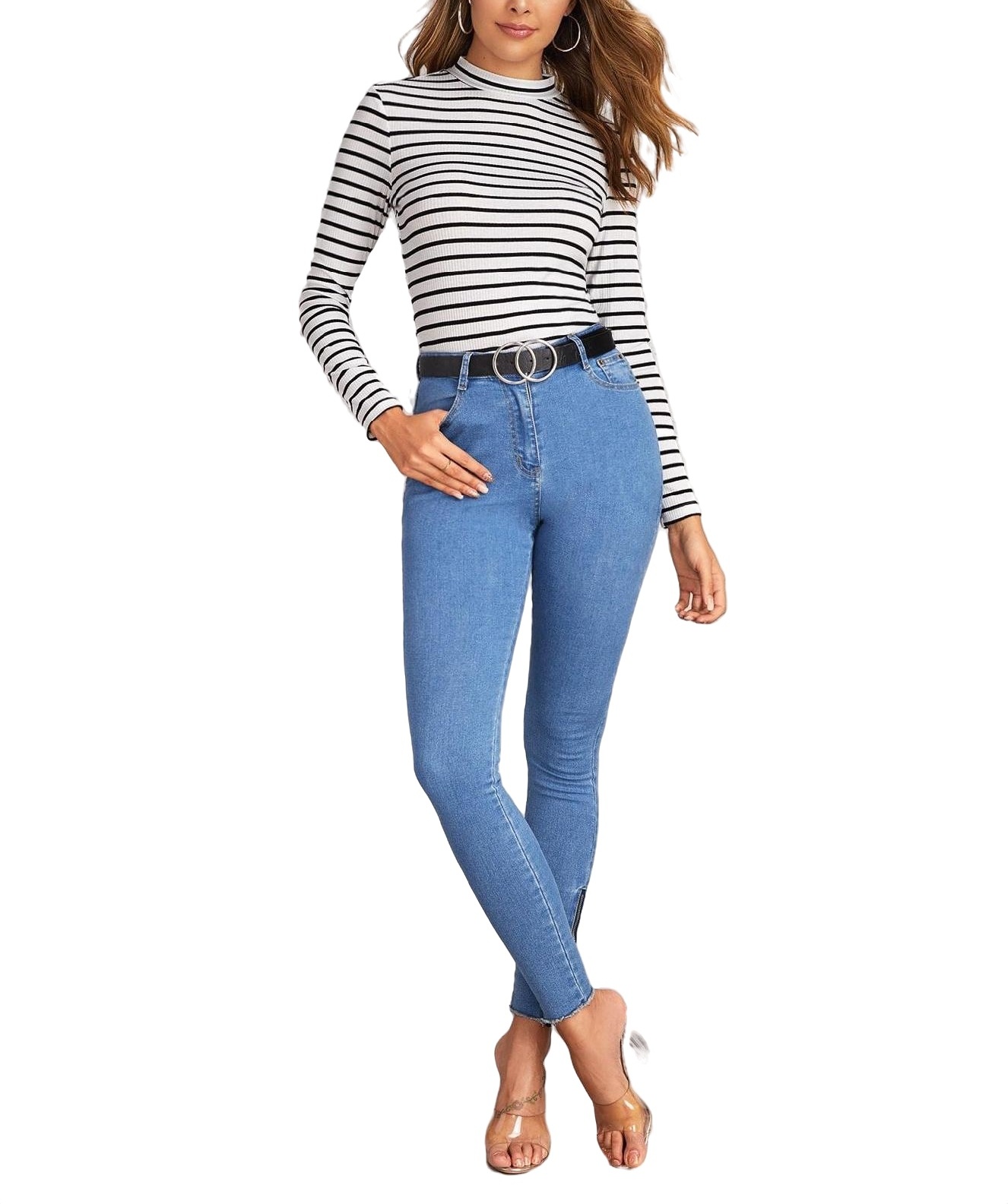 Women's Regular Stretch Striped Casual Striped Stand Collar Black and