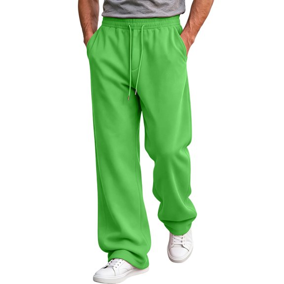 Men's Baggy fleece‑lined Sweatpants Straight Leg Soft Fabric, Elastic Drawstring Waist, Casual Lounge Pants with Pockets, Fluorescent Green M