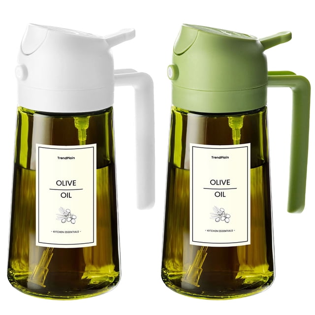 TrendPlain Dispensador de Aceite de Vidrio 16oz con Atomizador, Pulverizador para Cocina con Etiquetas, Tapa Blanca y Verde