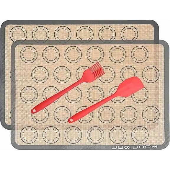 Silicone Baking Mat - Set of 2 Half Sheet (11 5/8" x 16 1/2"), 1 Scraper, 1 Oil brush - Non Stick Silicone Liner for Bake Pans & Rolling - Macaron/Pastry/Cookie/Bun/Bread Making