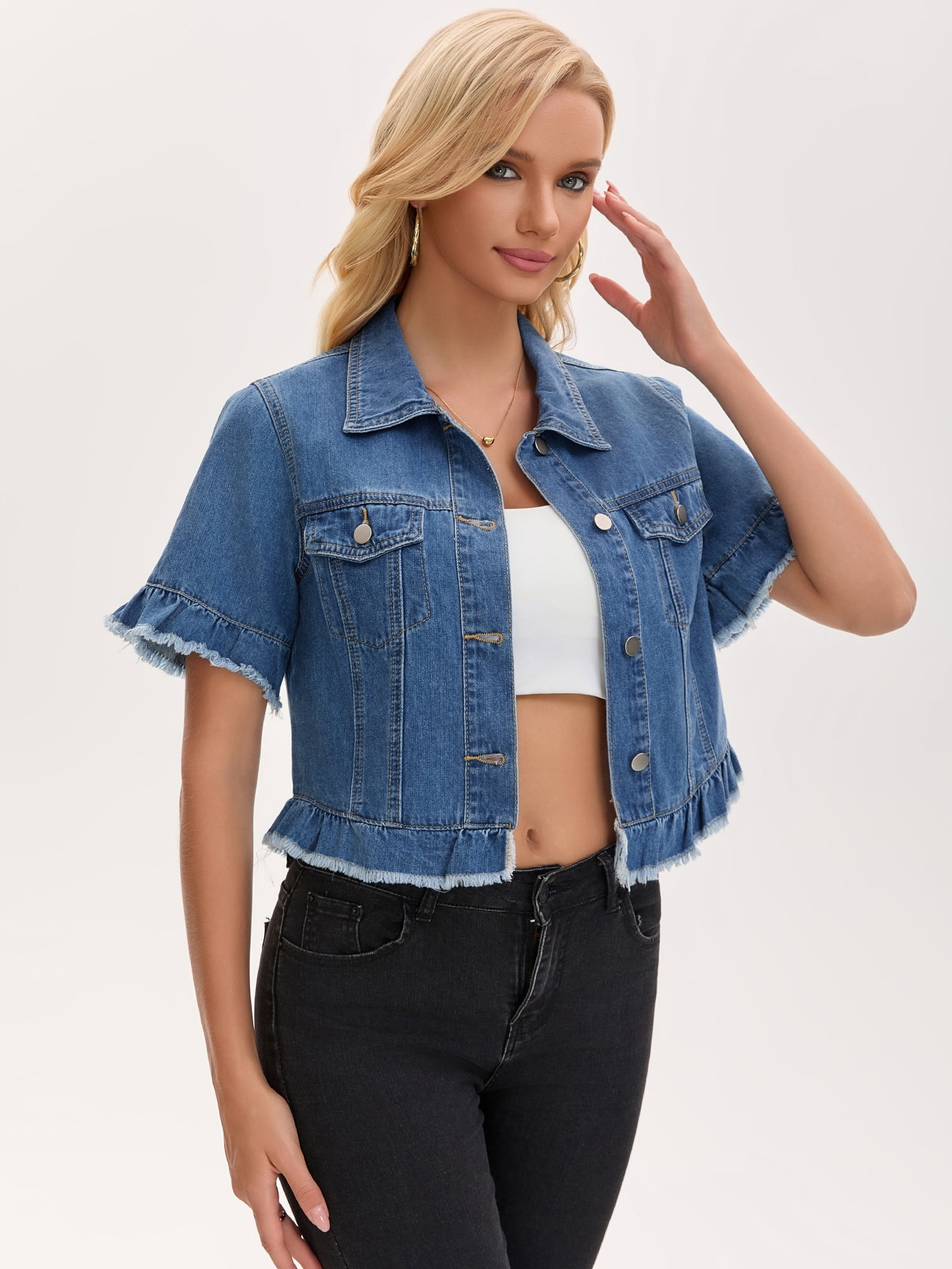 DARING DIVA Women's Short Sleeve Button Down Lightweight Ruffle Jean Jacket L Blue