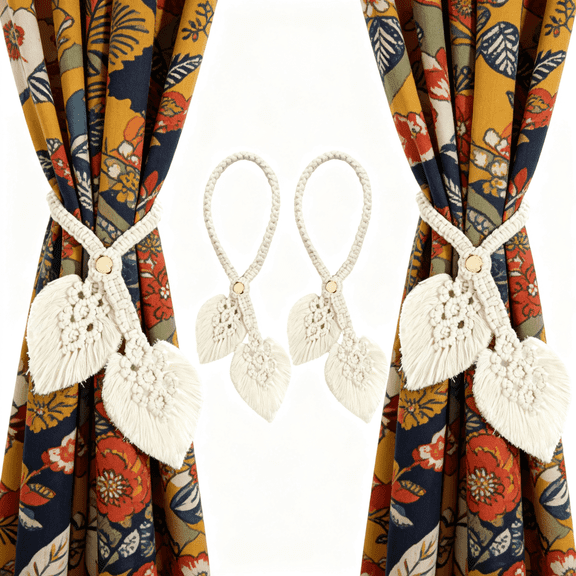 Boho Macrame Curtain Tiebacks 2 Pack Adjustable Cotton Woven Drapery Holdbacks with Wooden Beads White Leaf Accent for Home Decor