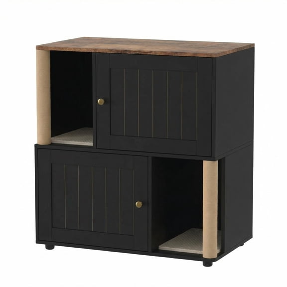 Black Slotted Door Double Hidden Cat Litter Box Cabinet