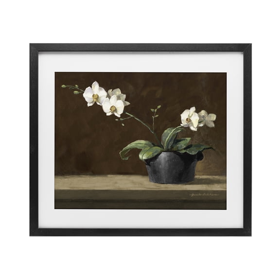 Stupell Industries Potted White Orchid on Ledge Black Framed Print Under Glass, design by Yumiko Ichikawa