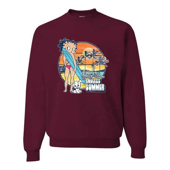 Wild Bobby, Betty Boop Endless Summer Beach the Dog Betty Boop Unisex Crewneck Sweatshirt, Maroon, XX-Large