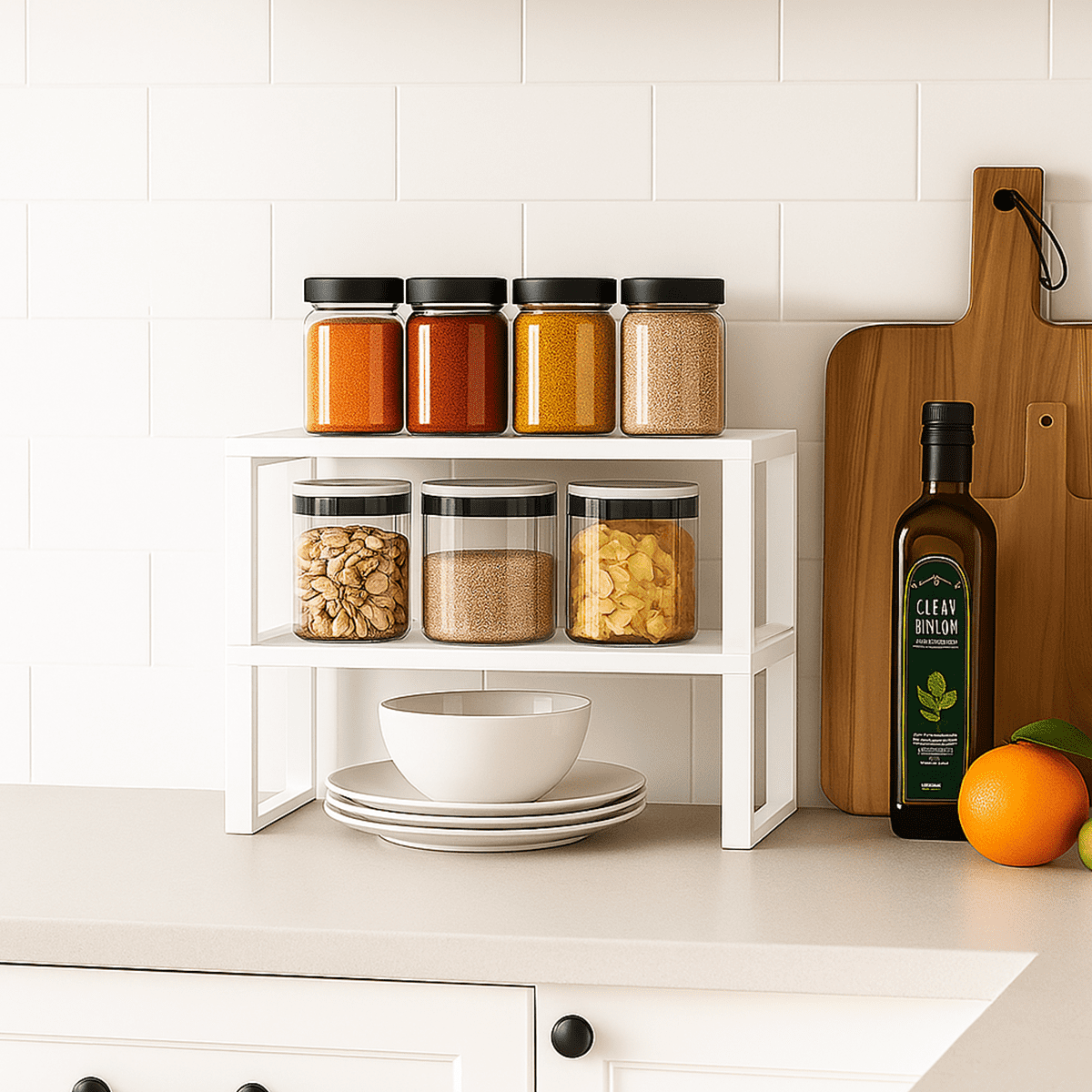 Sben Kitchen Shelf Cabinet Organizer, Set of 2, Counter Shelves, Kitchen Storage, Spice Rack, Stackable, Functional, Metal and Engineered Wood (White)