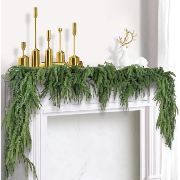 TKYHRMAS 2Pcs 6FT Christmas Garlands, Real Touch Norfolk Pine Artificial Faux Greenery for Fireplace Mantle Christmas Decorations, Green
