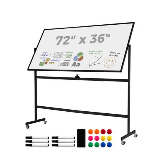 360° Rotating Double-Sided Magnetic Whiteboard, 72"x36" Mobile Dry Erase Board with Casters, Black,1 Pack
