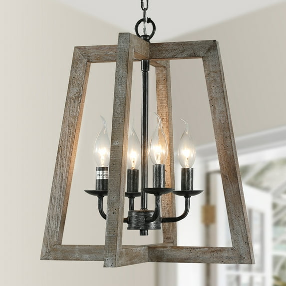 TOMIYA Farmhouse Light Fixtures Foyer Wood Chandelier for Dining Room, 4 Light Lantern Hanging Pendant Light for Kitchen Island Entryway
