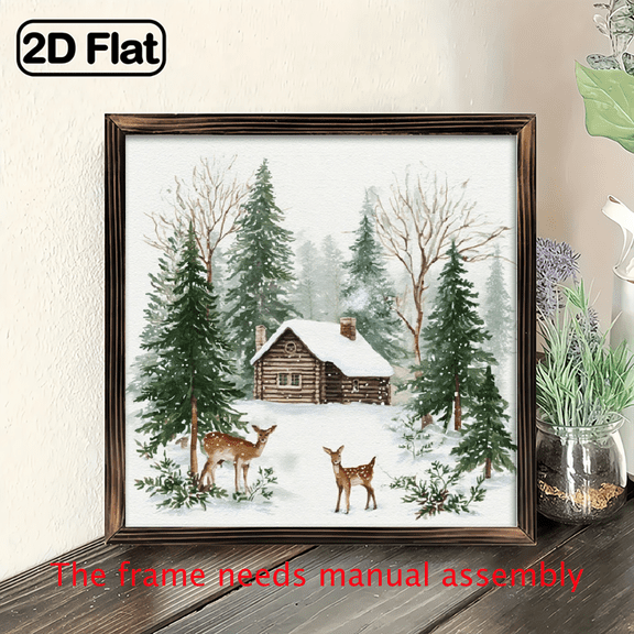 2D Flat, Rustic Wooden Christmas Cottage Wall Art - 8x8 Inch Farmhouse Style Single Picture Frame with Polished Finish, Lightweight Horizontal Orientation, Christmas Theme Decor for Living Room, P