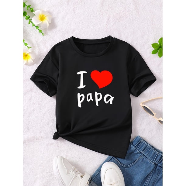 I Love Papa With Heart Graphic Print, Girls' Casual Crew Neck Short Sleeve T-shirt, Comfy Top Clothes For Spring And Summer For Outdoor Activities