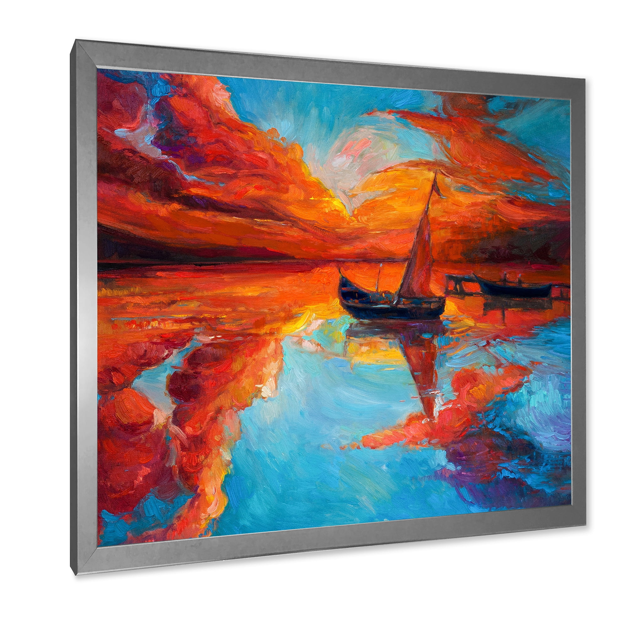 Little Boat During Warm Deep Red Evening Glow 30 in x 30 in Framed Painting Canvas Art Print, by Designart