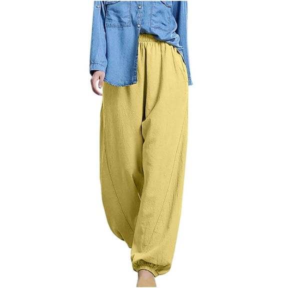 ShomPort Women's Casual Cotton Linen Pants Wide Leg Baggy Tapered Elastic Waist Trousers with Pockets