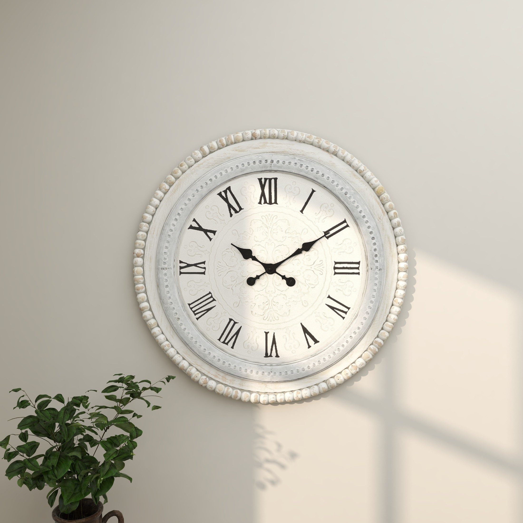 DecMode 22" White Wood Scroll Carved Beading Wall Clock