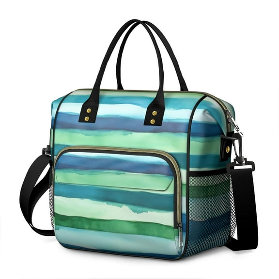 OBREWU Green and Grey Abstract Art Artwork Women's Insulated Leakproof Large Lunch Bag, Oxford Cloth