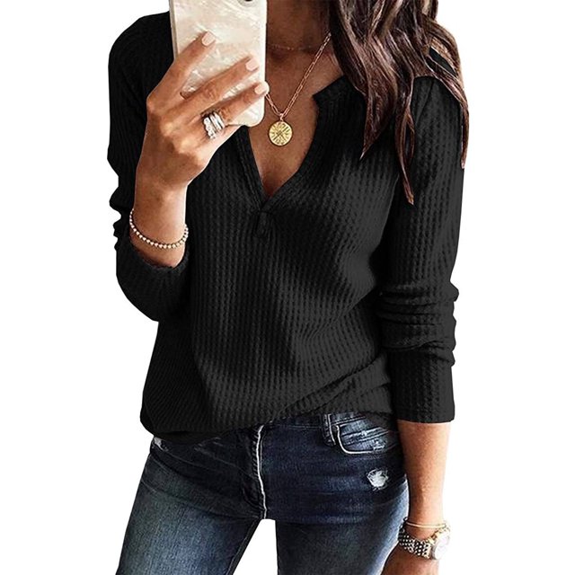 Blusas tipo suéter de manga larga con cuello en V y cuello de gofre de Pinkdream para mujer
