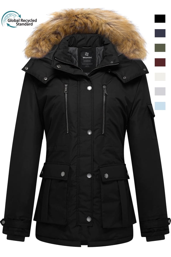 Women's Recycled Winter Coat Thickened Winter Jacket Hooded Parka Jacket Black L