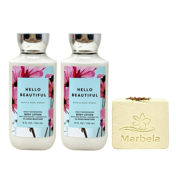 Bath & Body Works Hello Beautiful 2 Pack Body Lotion Bundle with a Marbela Creamy Rose Bar Soap - Full Size