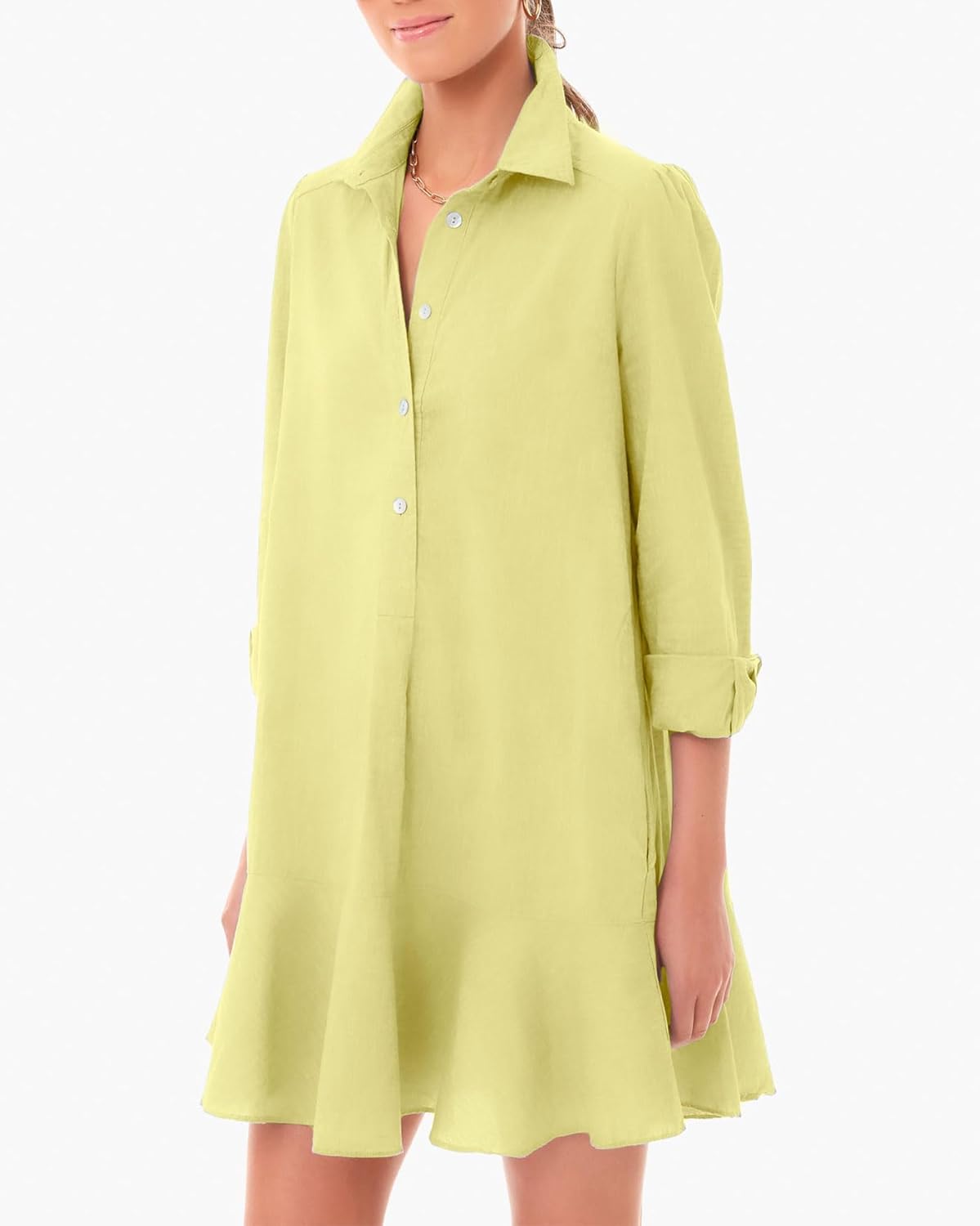 JEIBKOUY Women's Long Sleeve Tunic Mini Dress - Cotton Button-Up Shirt Dress With Ruffle Hem & Pockets