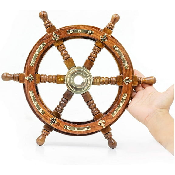Nagina International Nautical Premium Sailor's Hand Crafted Brass & Wooden Ship Wheel | Luxury Gift Decor | Boat Collectibles (48 Inches, Anchor & Strip)