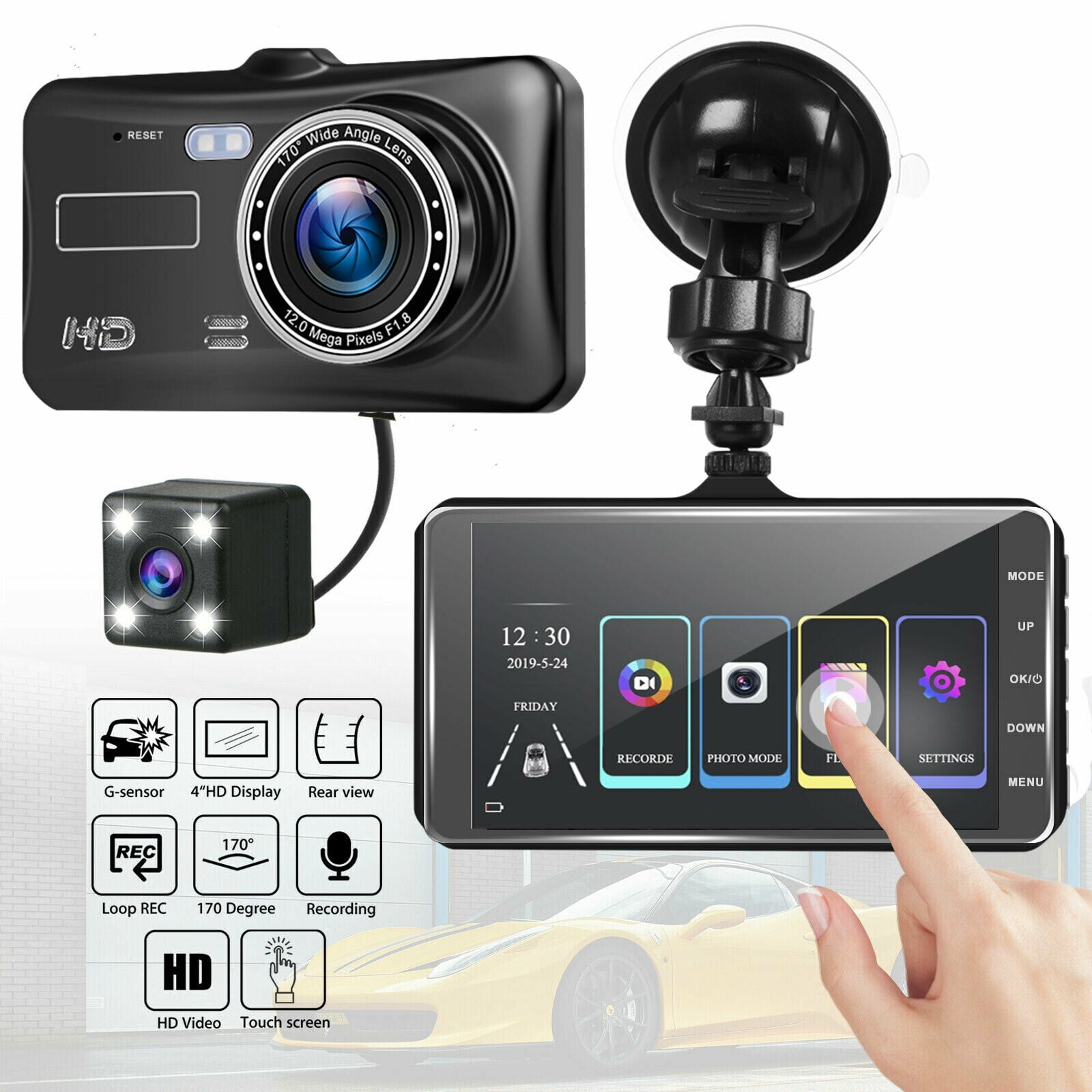 4" In Car Kamera Recorder Dual Front and Rear HD 1080P Dash Cam Night View