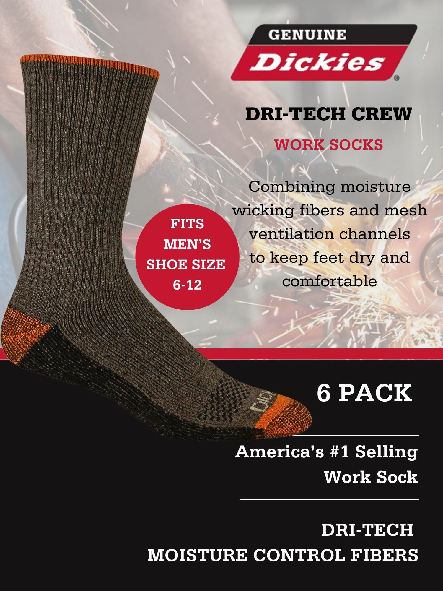 Genuine Dickies Men's Dri-Tech Crew Socks, 6-Pack