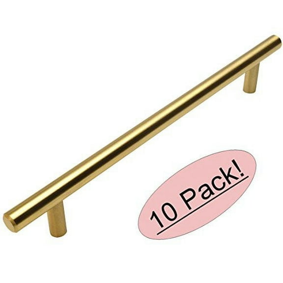Cosmas 305-192BB Brushed Brass Cabinet Hardware Euro Style Bar Handle Pull - 7-1/2" (192mm) Hole Centers, 10" Overall Length - 10 Pack