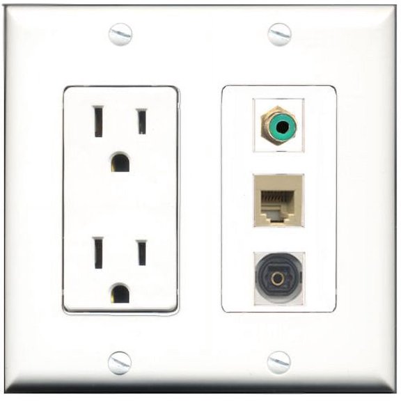 RiteAV - 15 Amp Power Outlet 1 Port RCA Green 1 Port Phone Beige 1 Port Toslink Decorative Wall Plate