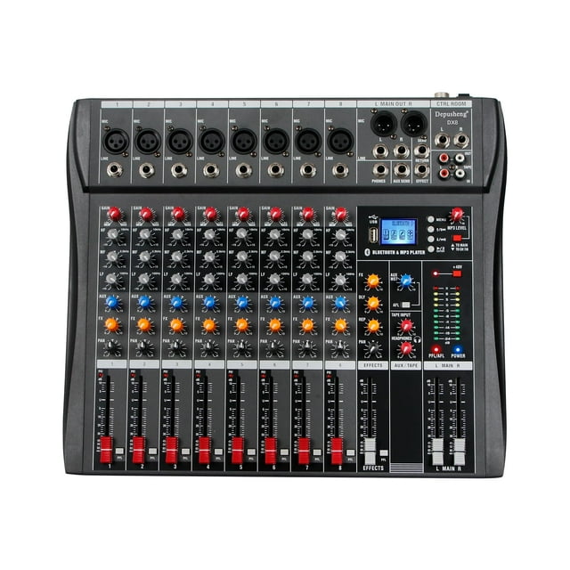 Depusheng DX8 Mezclador profesional Consola de placa de sonido Interfaz de sistema de escritorio de 8 canales Entrada digital USB MP3 48 V Phantom Power Estéreo DJ Studio FX Chasis de acero, mezclador