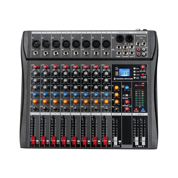 Depusheng DX8 Mezclador profesional Consola de placa de sonido Interfaz de sistema de escritorio de 8 canales Entrada digital USB MP3 48 V Phantom Power Estéreo DJ Studio FX Chasis de acero, mezclador